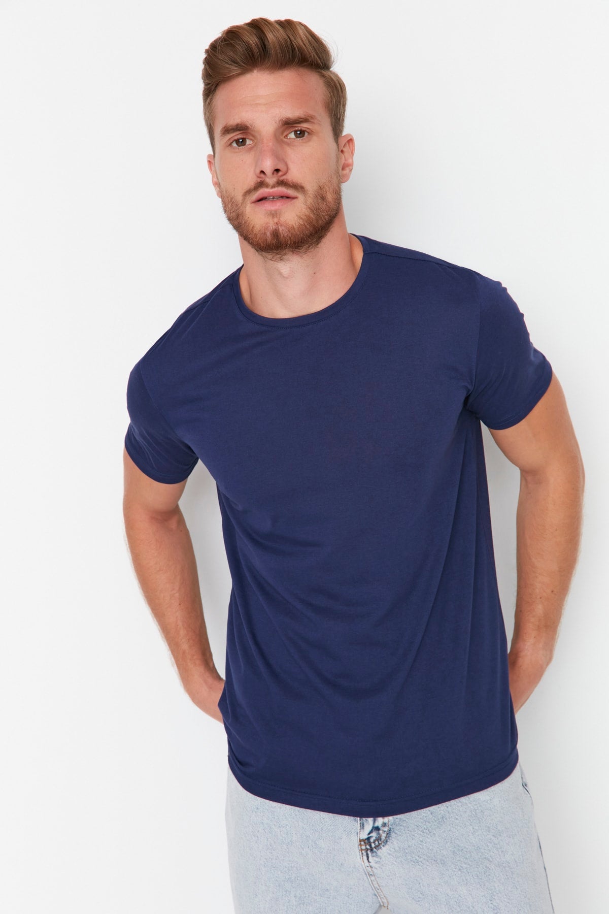 Navy Blue Men's Basic Regular/Normal Fit Crew Neck Short Sleeved T-Shirt