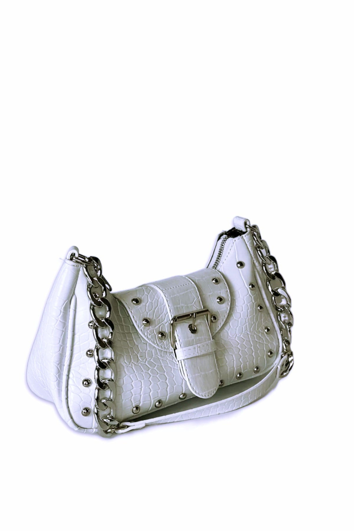 Crocodile Patterned White Handle Bag with Bony Staples