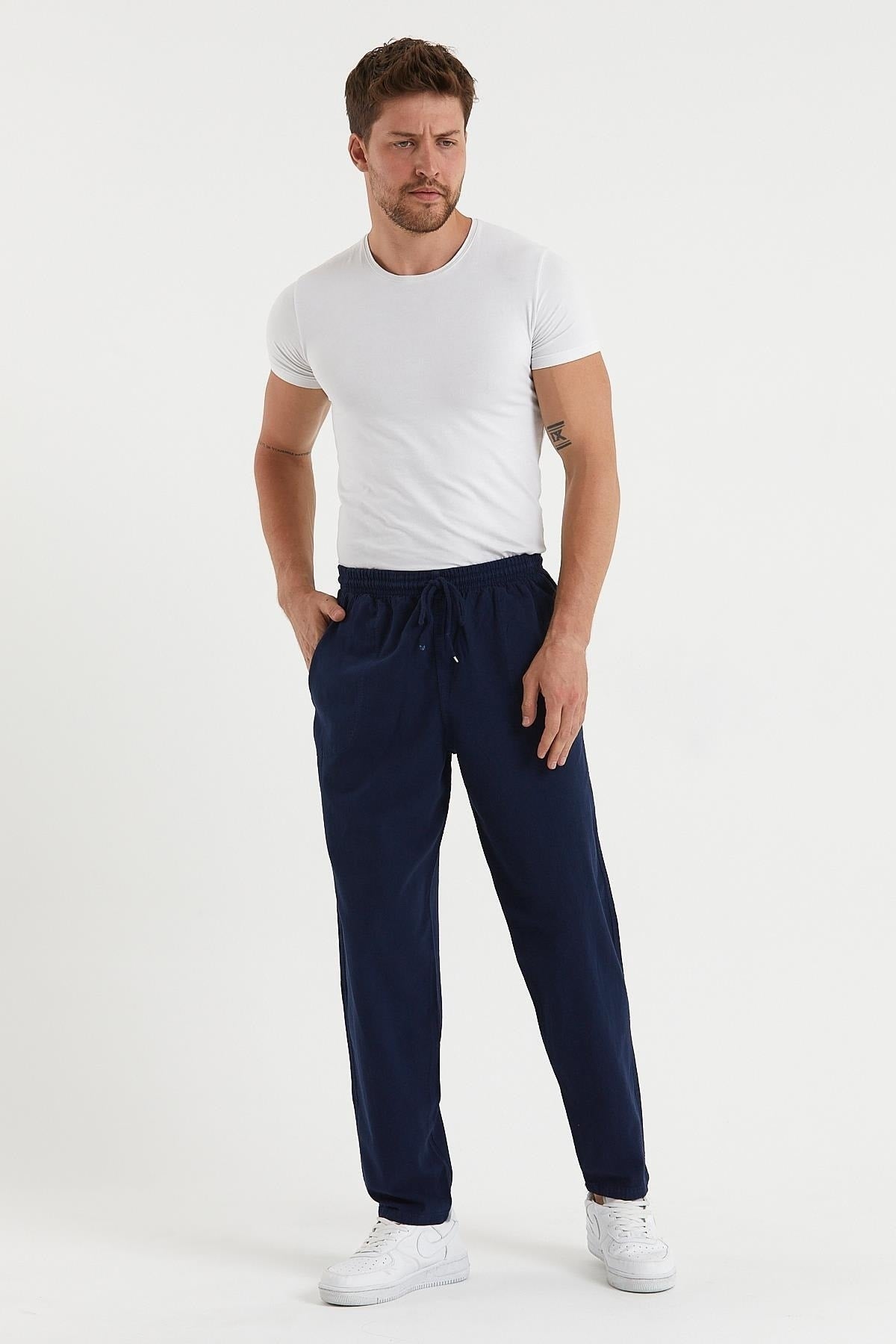 Men's Navy Blue Color Linen Trousers