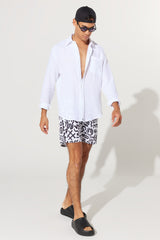 Men's White-black Standard Fit Regular Fit Side Pockets Patterned Swimwear Marine Shorts