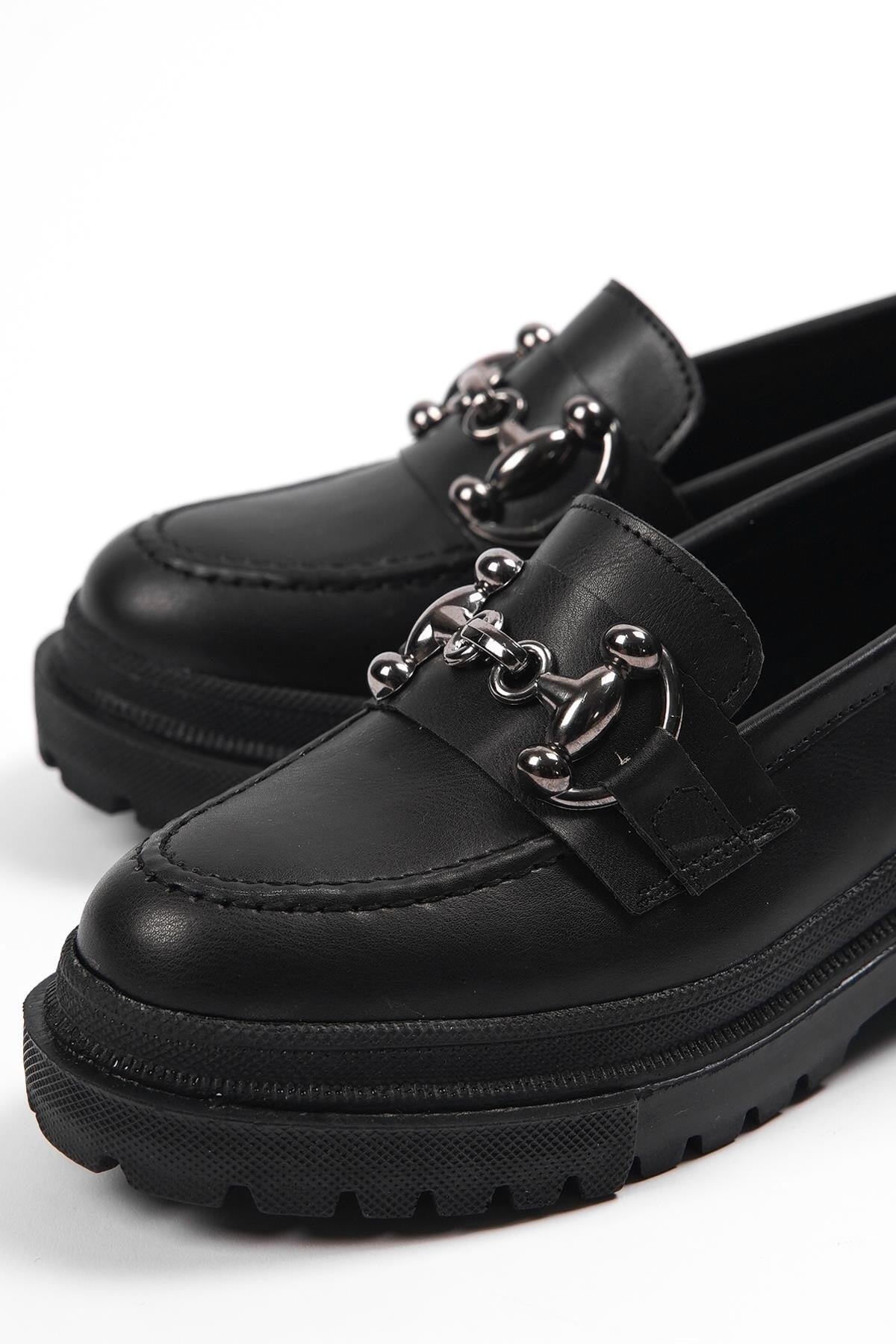 Capone Oval Toe Metal Buckle Trak Sole Black Women's Loafers