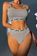 Women's Gray Cross Back And Love Lettering Detailed Underwear Set - Swordslife