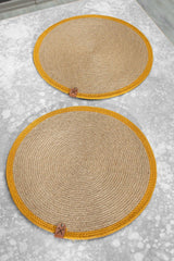 2 Pieces 32cm Round Mustard Striped Placemat Wicker Jute Knitted Base Presentation Set - Swordslife